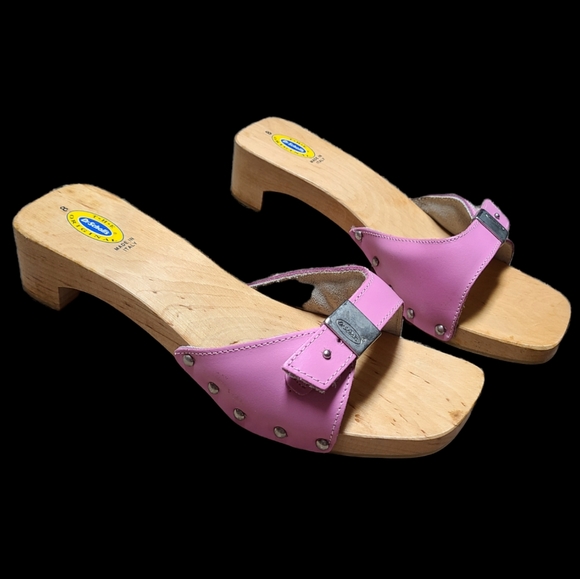 Dr. Scholl's Shoes - Vtg Dr Scholls pink original Italy wood 8 sandals slides